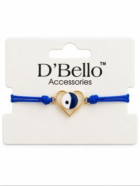 D’Bello Blue Evil Eye Heart Adjustable Cord Bracelet Gold Tone 🎉🆕🎉